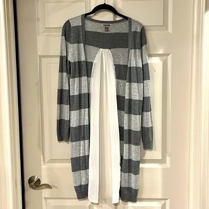 Women’s unique lightweight cardigan with sheer fabric back.